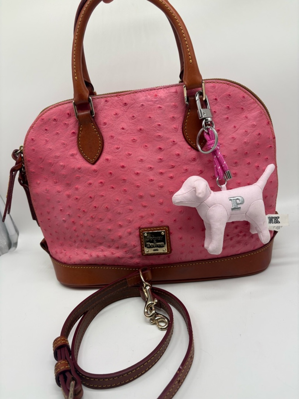 Vintage Dooney & Bourke Ostrich Hot Pink Zip Zip Leather Satchel